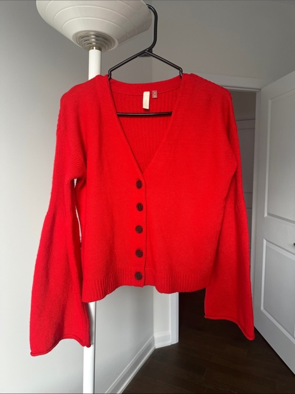 Anthropologie Pilcro Bright Red Soft V-Neck Button Cardigan Bell Sleeves
